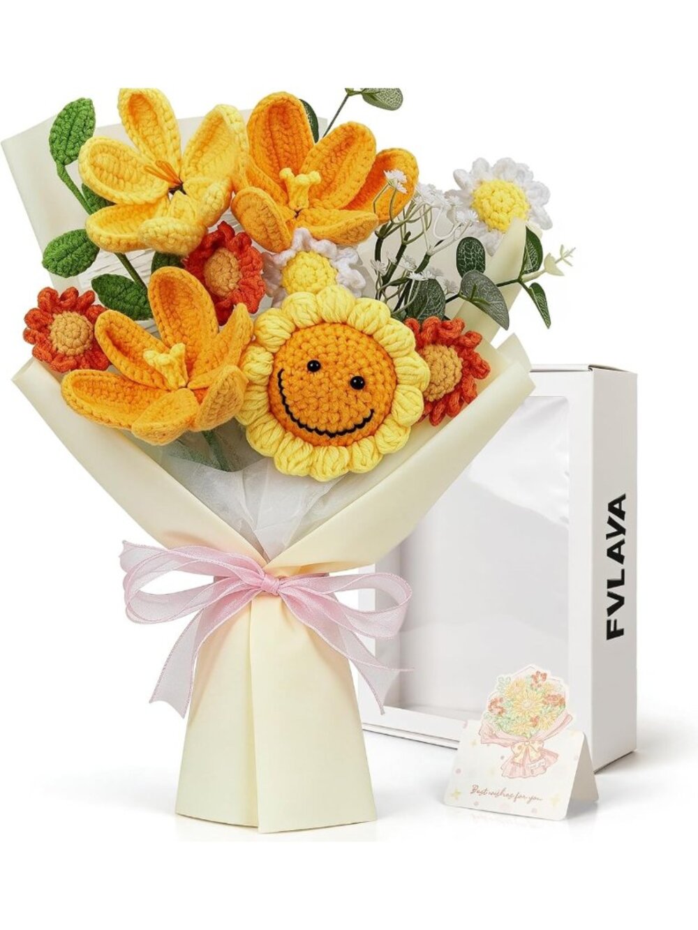 Handmade Crochet Flower Bouquet | Knitted Sunflower Gift with Card for Her